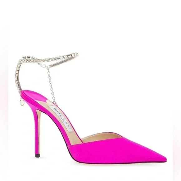 Jimmy Choo Saeda‎ 100mm Ankle Strap Pumps in Fuschia Satin with Crystal Chain - Picture 2 of 16